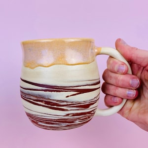 Marbled Ceramic Mug Cup Tumbler Swirly clay Rustic handmade drinks unique pottery Drippy orange glaze 16 oz