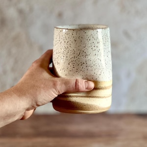 16 oz Ceramic Marbled White + Beige 16 Thumb Cup Coffee Mug | Neutral Modern Handmade Pottery | Unique Gift For Coffee Lover