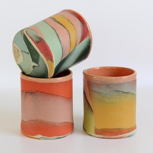 Rainbow colorful Nerikomi Ceramic cups, Red pink blue green yellow orange marbled striped abstract mixed pattern unique Contemporary tumbler