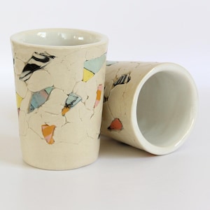 Cream rainbow colorful Nerikomi Ceramic, Contemporary white yellow blue purple pink striped terrazzo pattern cup, Unique stoneware tumblers